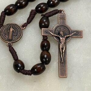 Bronze Crucifix Pendant with Dark Brown Wood Beads Rosary